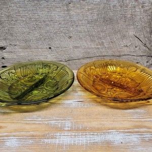 INDIANA GLASS Marigold Amber & Olive Green Glass Killarney Relish Dishes
